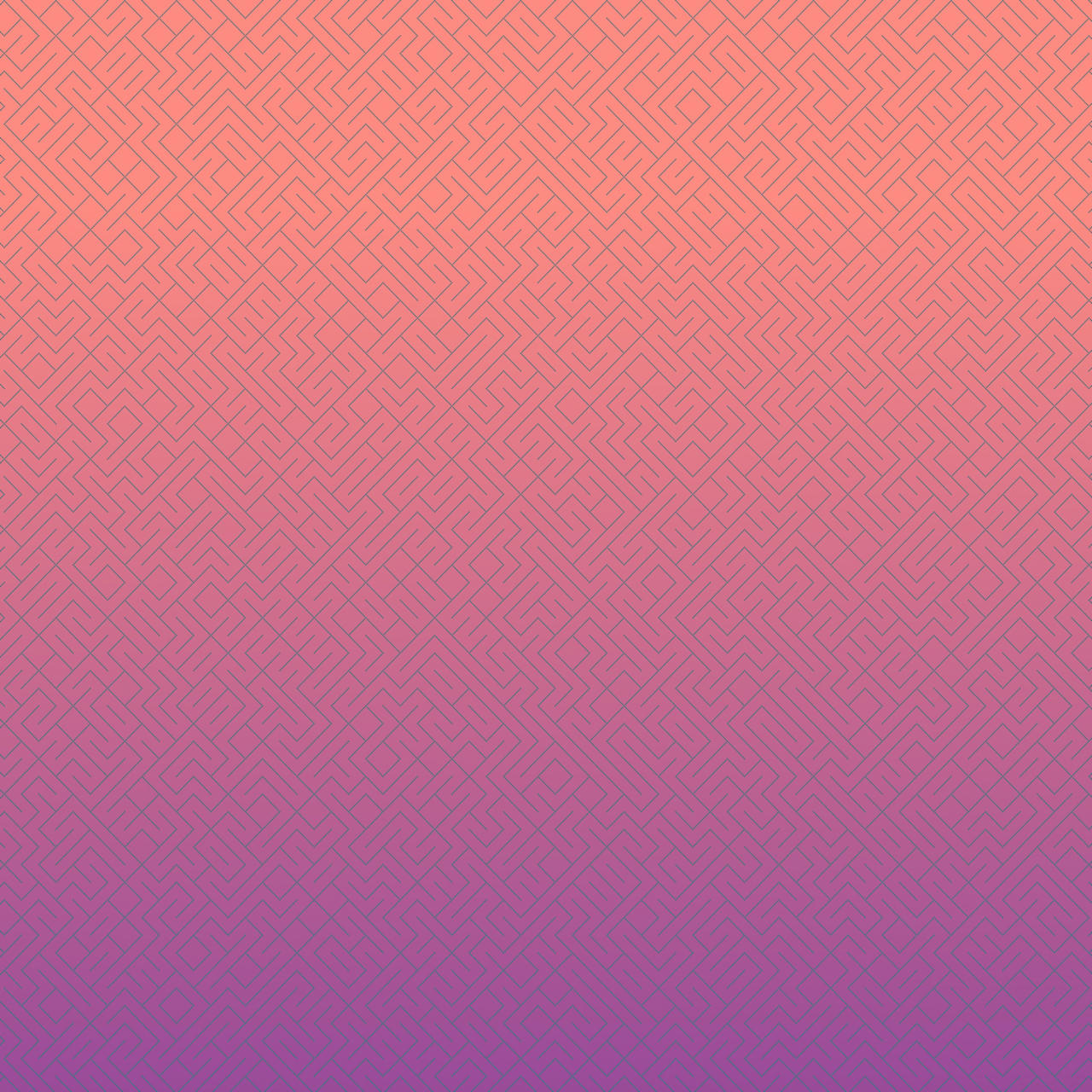 A maze generated using the "10 print" method with thin light blue maze lines and a backgound that transitions from pink to purple top to bottom.