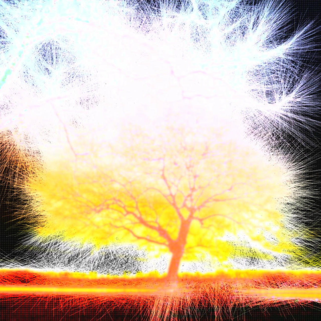 A tree lit up with electricity, white and red and orange, against a flat horizon.