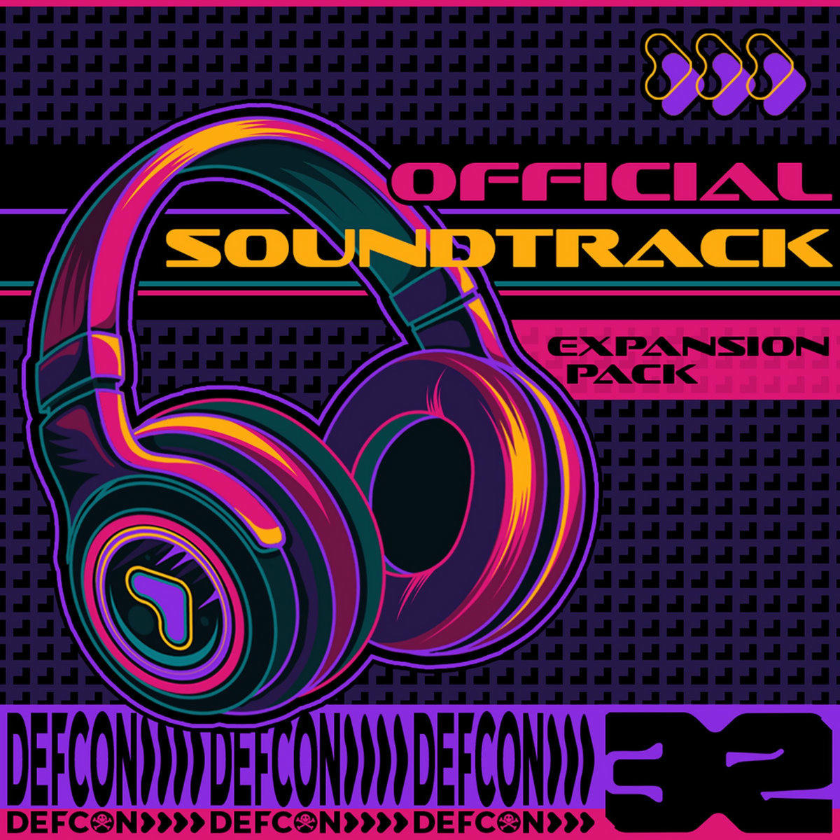 A purple pink and yellow retro synthwave style cover featuring a pair of headphones and the title of the collection.