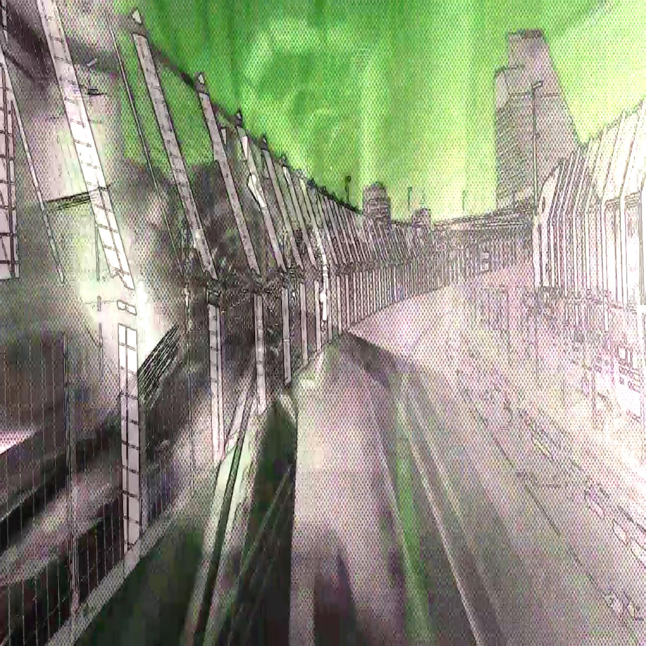 A photo from a train of a bridge with skyline in distance, black and white and green with comic print styling.