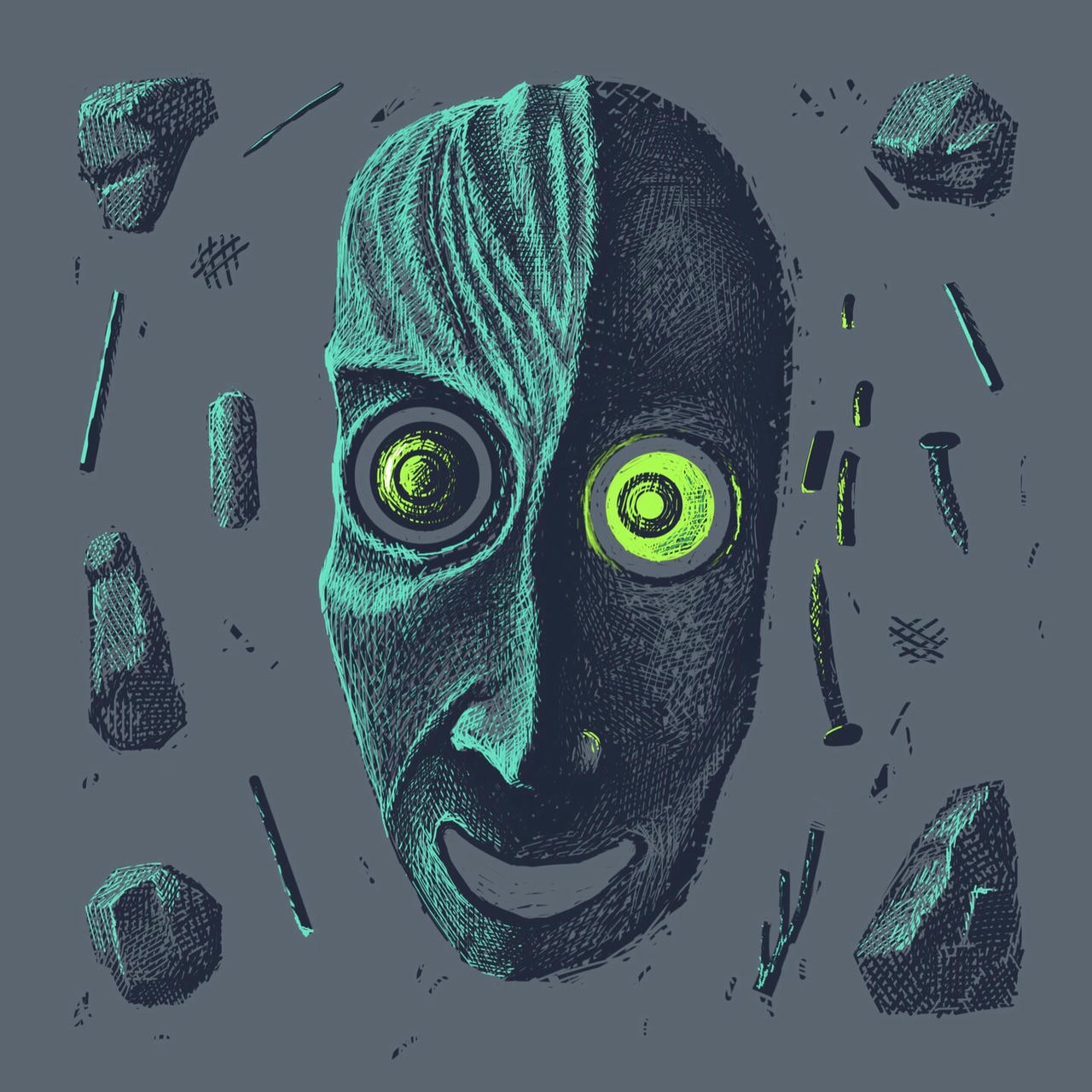 A crazy face with bulging eyes with bits of debris apparently being shaken from it's head.