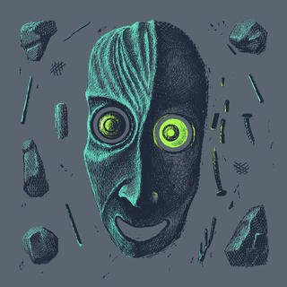 A crazy face with bulging eyes with bits of debris apparently being shaken from it's head.