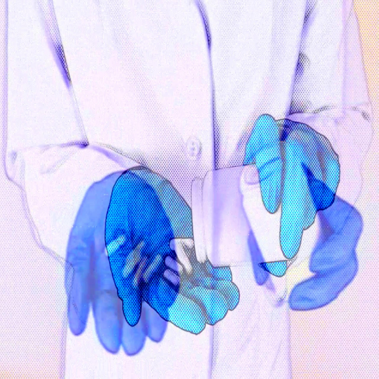 A doctor wearing blue nitrile gloves dispenses pills pills pills. Things are a bit double visiony.