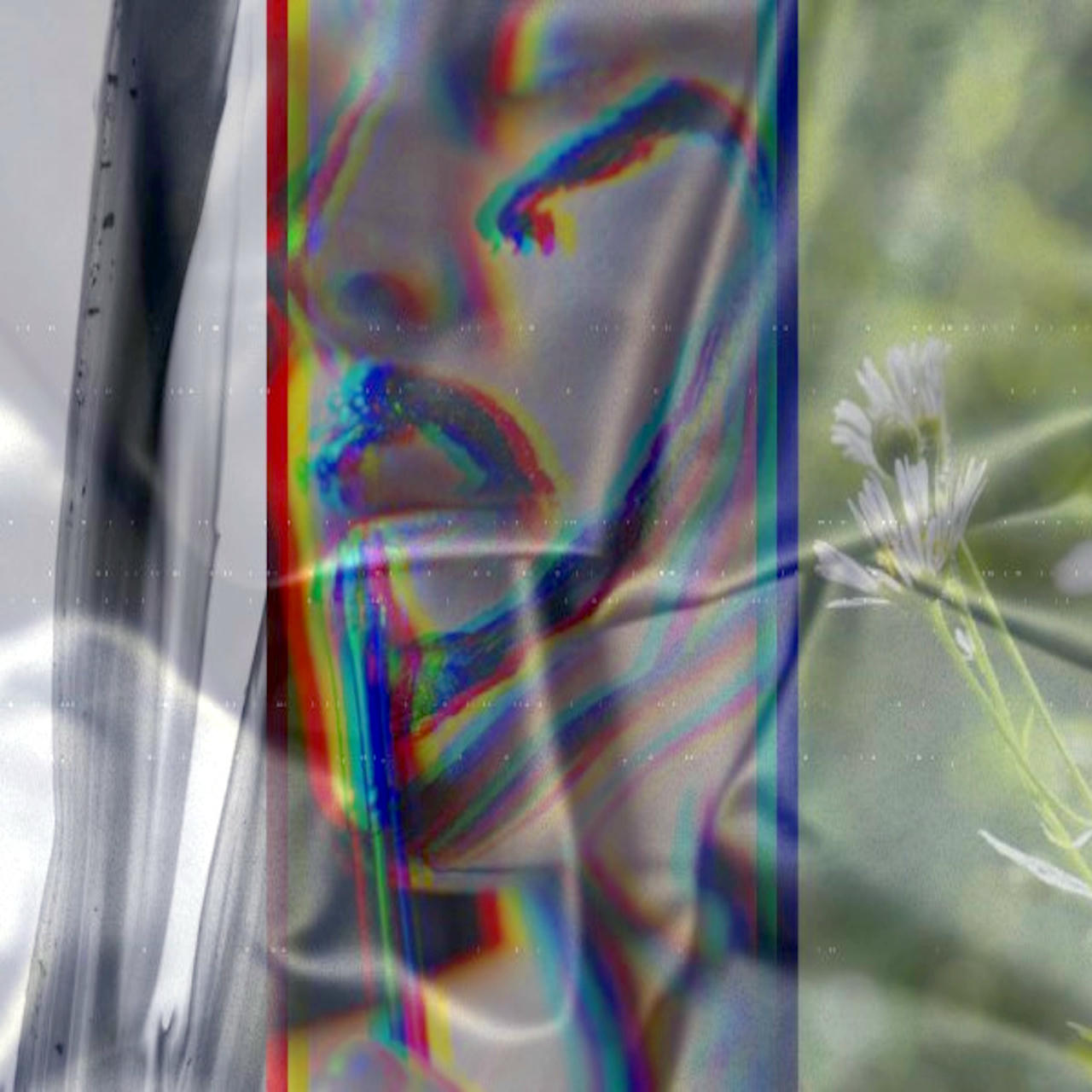 Three column image, left to right: dripping paint, a white face with black makeup, a flower in a field.