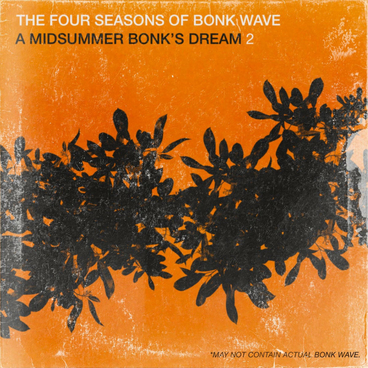 A dark branch of leaves against an orange background on an LP cover with wear and tear.