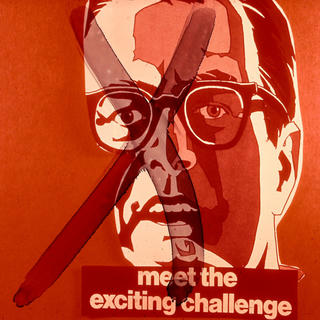 A shouting man with black horn rimmed glasses in an overall reddish hue, with the words "meet the exciting challenge", all with a black X in sharpie over it.